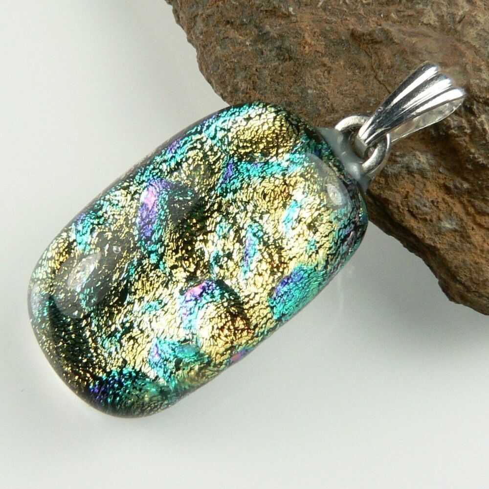 multi-coloured genuine Dichroic glass pendant with leather cord