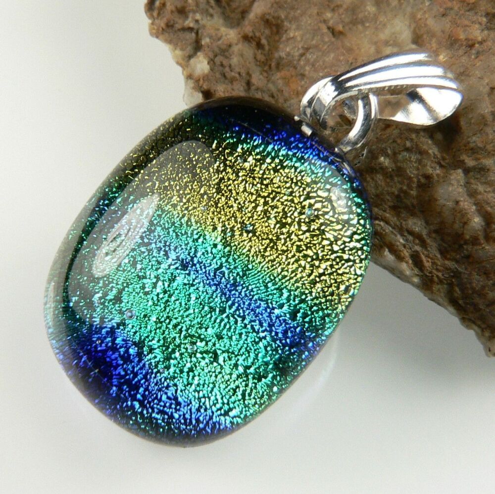 2.7cm yellow green blue genuine Dichroic glass pendant, with leather cord & gift box (#8918)