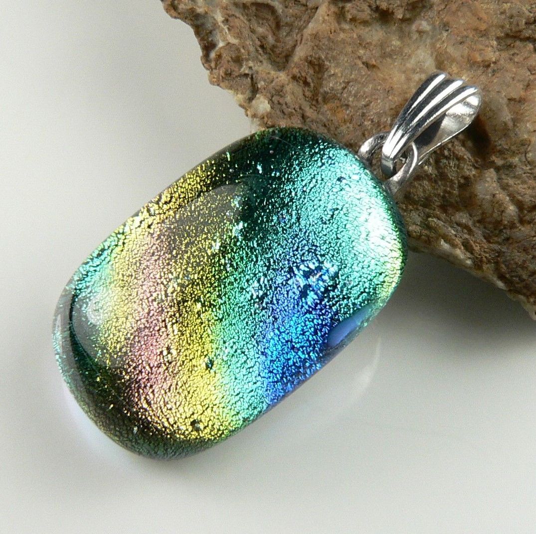 green blue pink yellow genuine Dichroic glass pendant with cord