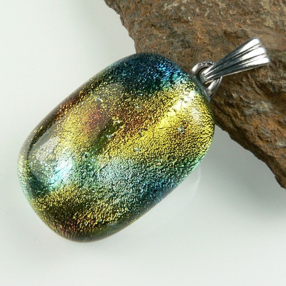 3.2cm multi-coloured genuine Dichroic glass pendant, with leather cord & gift box (#8921)