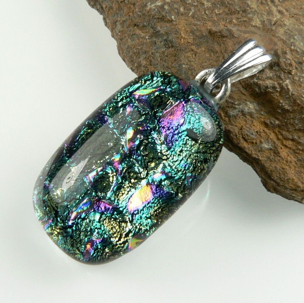 3.1cm multi-coloured genuine Dichroic glass pendant, with leather cord & gift box (#8927)