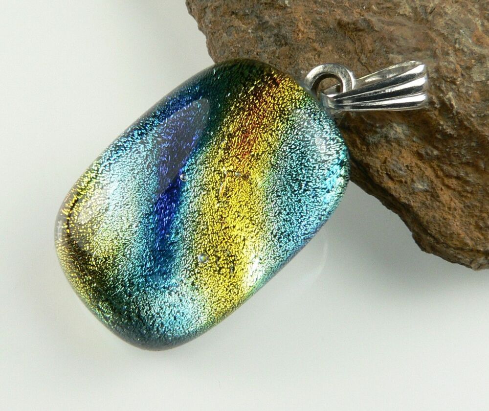 yellow and blue genuine Dichroic glass pendant, with leather cord