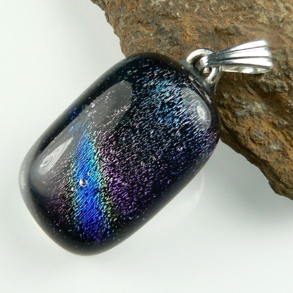 3.2cm multi-coloured genuine Dichroic glass pendant, with leather cord & gift box (#8982)