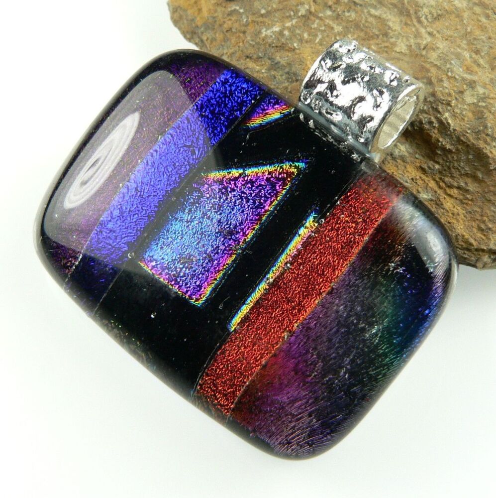 3.2cm multi-coloured genuine Dichroic glass pendant, with leather cord & gift box (#8991)