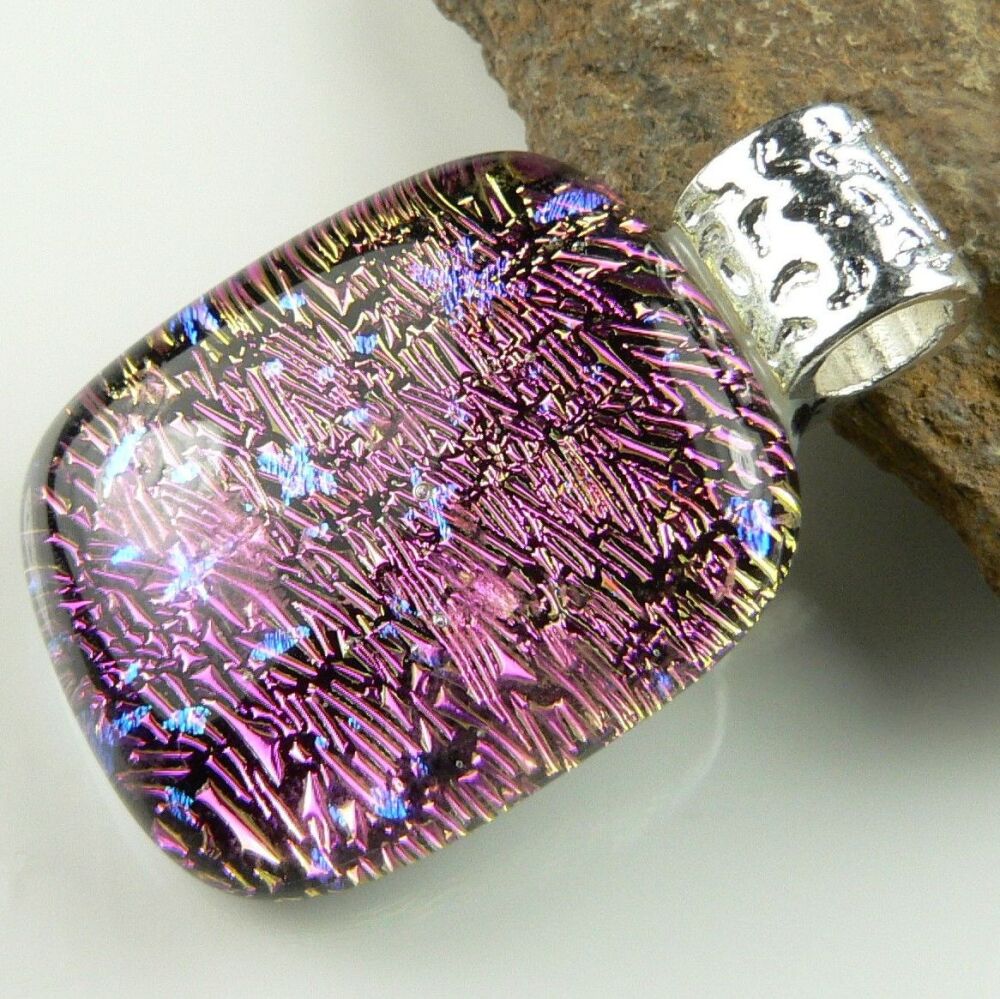 3.3cm pink and blue genuine Dichroic glass pendant with leather cord & gift box (#8993)