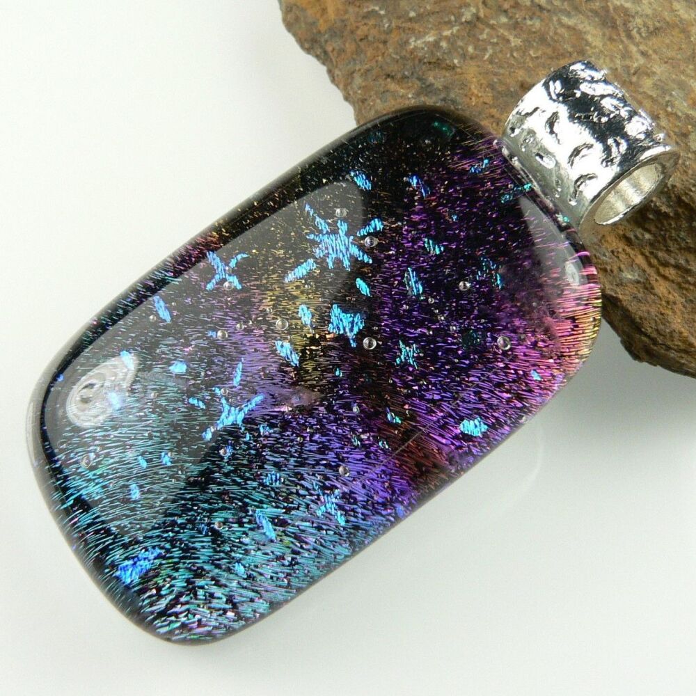 4.3cm multi-coloured genuine Dichroic glass pendant, with leather cord & gift box (#9030)