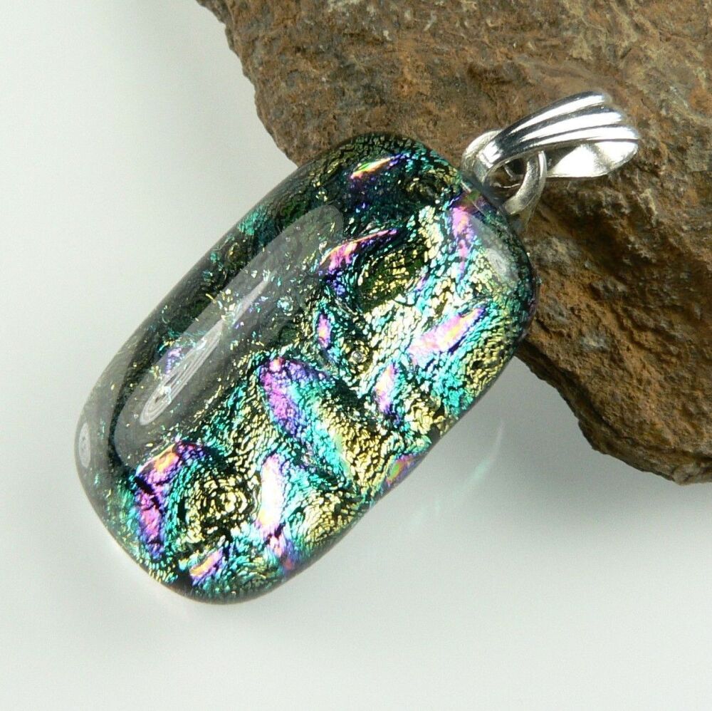 3.2cm multi-coloured genuine Dichroic glass pendant, with leather cord & gift box (#9062)
