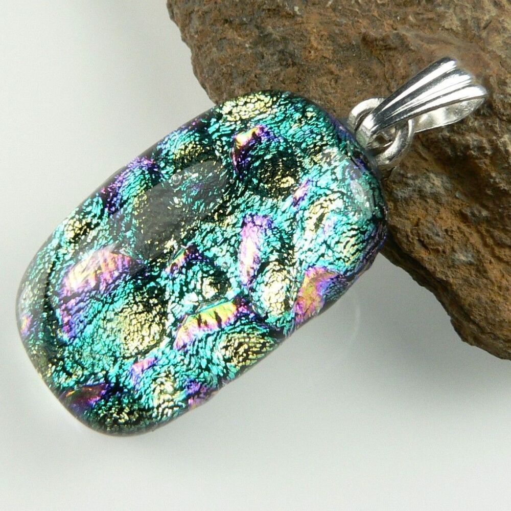 3.2cm multi-coloured genuine Dichroic glass pendant, with leather cord & gift box (#9094)