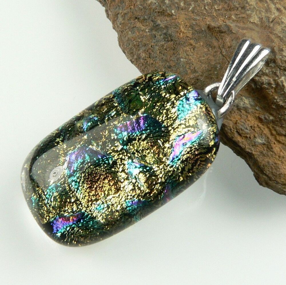 3.2cm multi-coloured genuine Dichroic glass pendant, with leather cord & gift box (#9073)