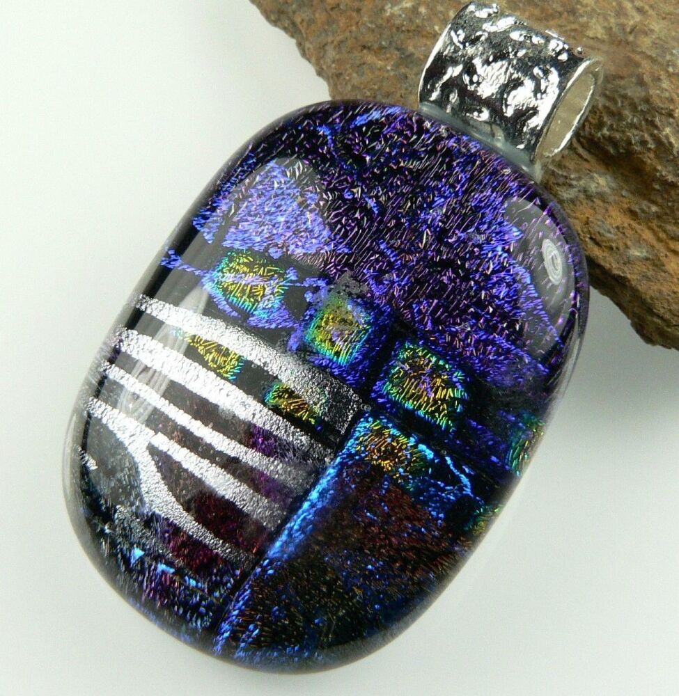3.9cm multi-coloured genuine Dichroic glass pendant, with leather cord & gift box (#9057)