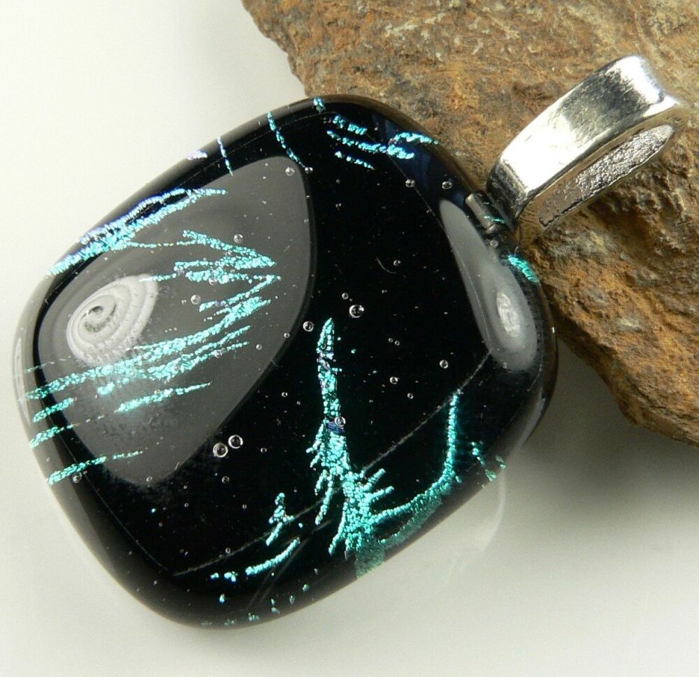 3.7cm turquoise and black genuine Dichroic glass pendant with leather cord & gift box (#9120)