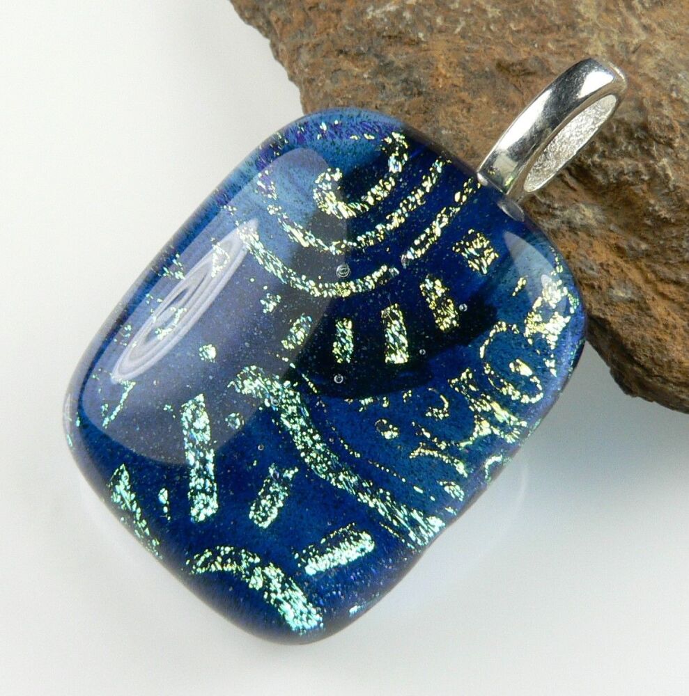 3.4cm blue yellow green genuine Dichroic glass pendant, with leather cord & gift box (#8916)