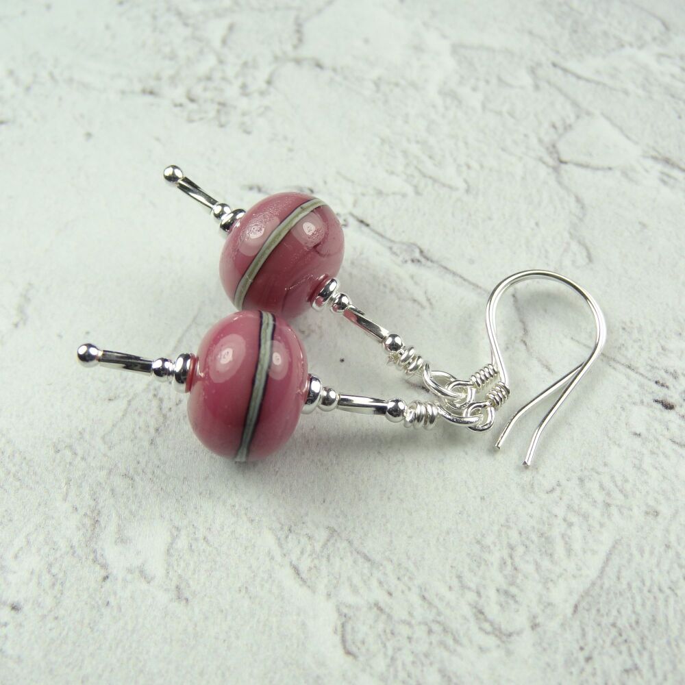 Dusky pink with silvered ivory stringer handcrafted artisan lampwork glass & sterling silver drop earrings (SP#1)
