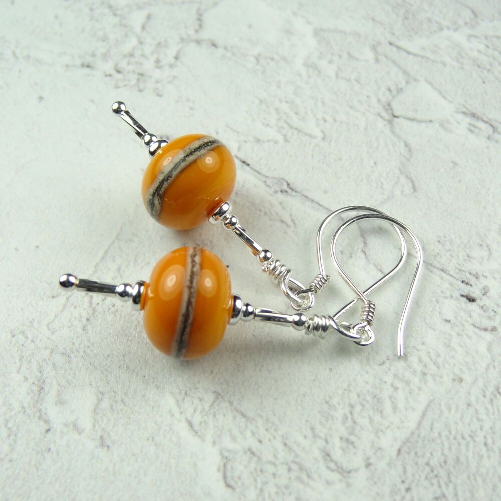 Pumpkin orange  with silvered ivory stringer handcrafted artisan lampwork glass & sterling silver drop earrings (SP#2)