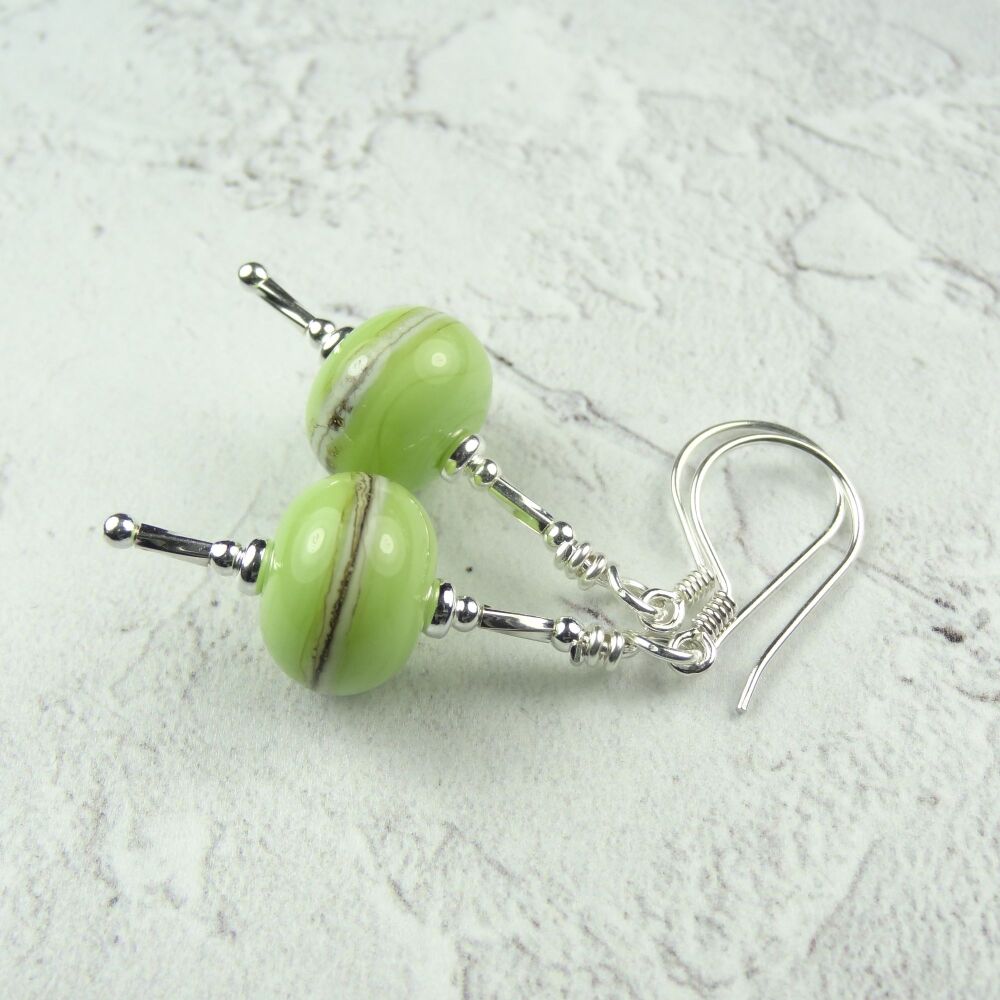 Pistachio green with silvered ivory stringer handcrafted artisan lampwork glass & sterling silver drop earrings (SP#4)