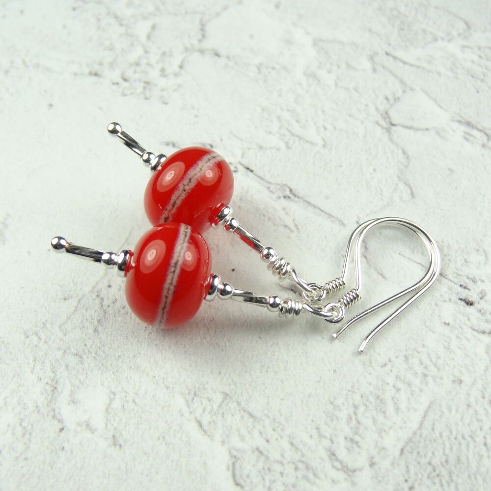 Red with silvered ivory stringer handcrafted artisan lampwork glass & sterling silver drop earrings (SP#3)