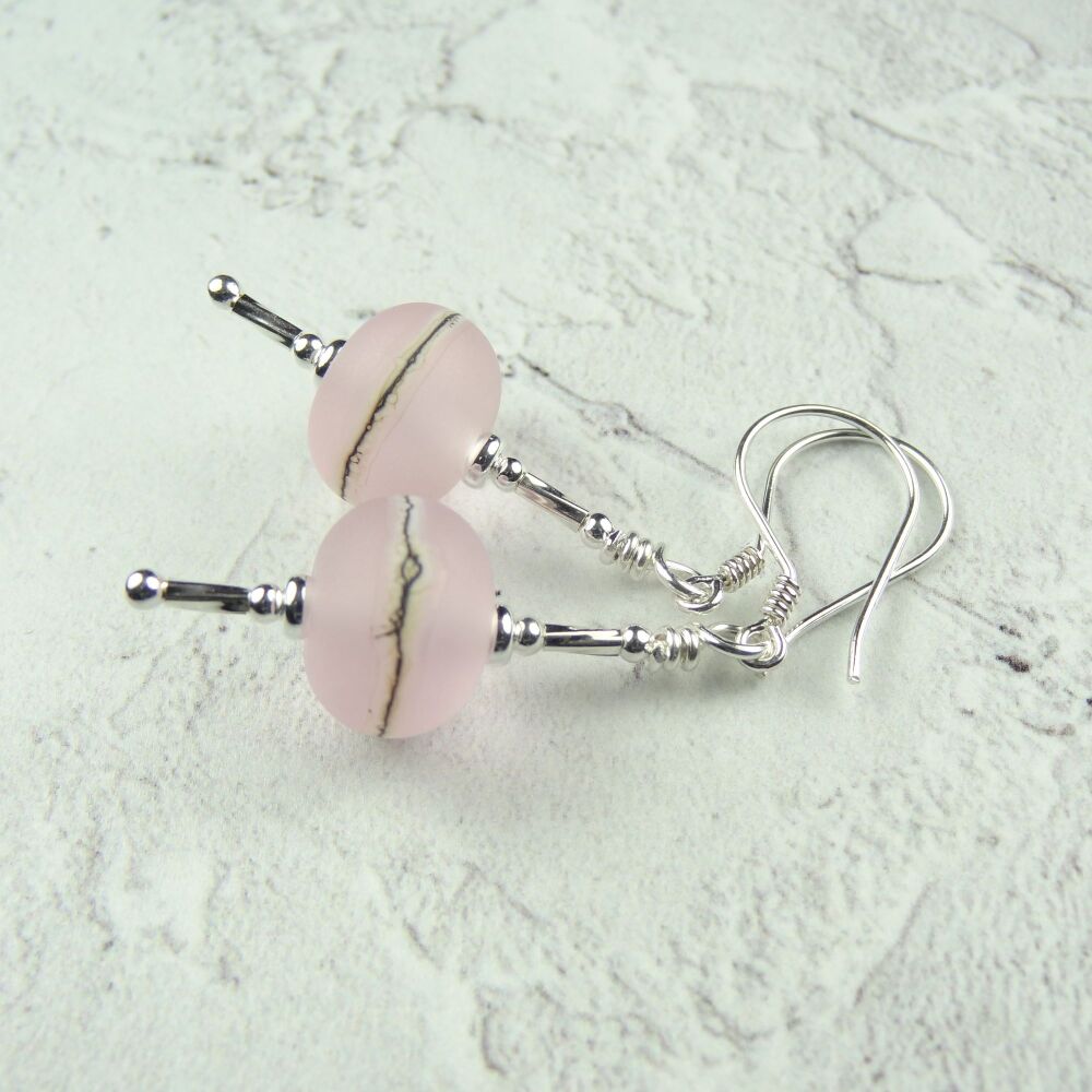 Pale pink with silvered ivory stringer handcrafted artisan lampwork glass & sterling silver drop earrings (SP#6)