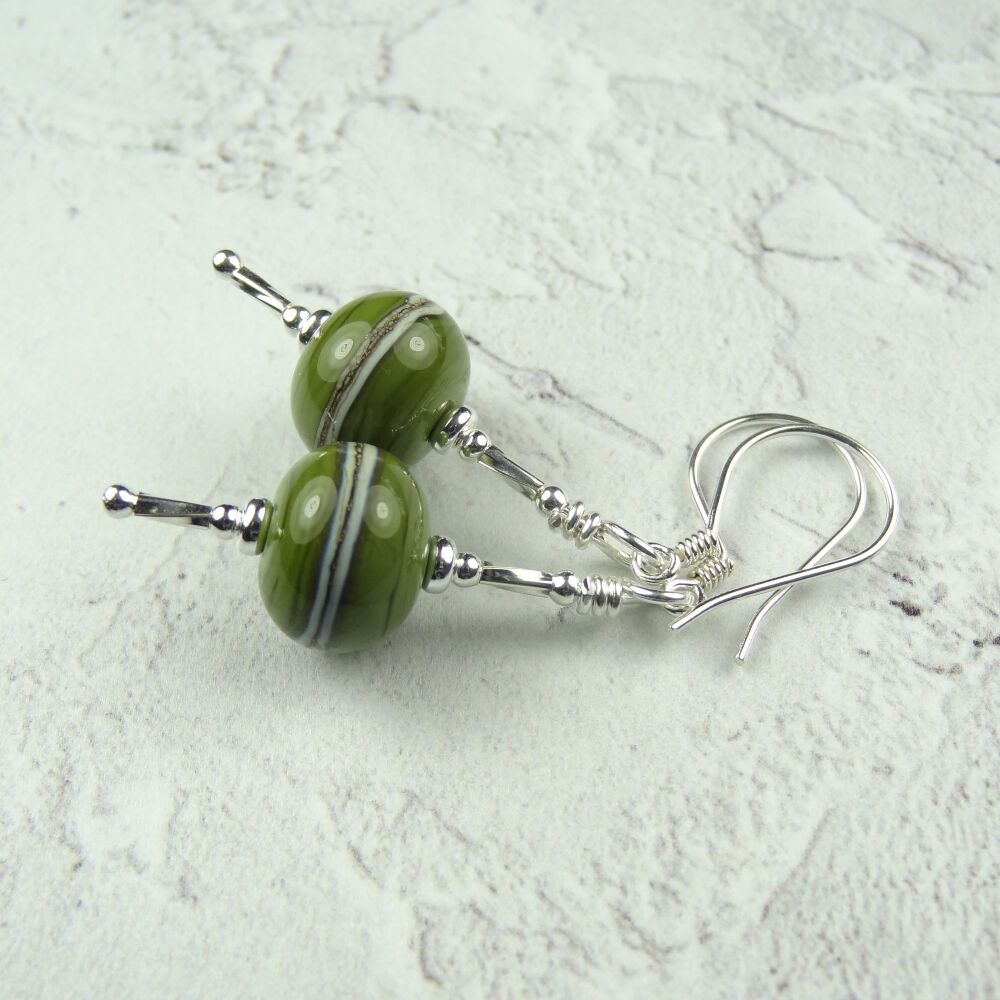 Olive green with silvered ivory stringer handcrafted artisan lampwork glass & sterling silver drop earrings (SP#5)