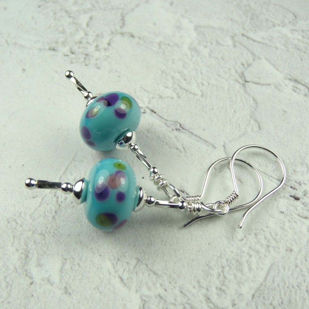 Blue pink & purple handcrafted artisan lampwork glass & sterling silver drop earrings (PF#5)
