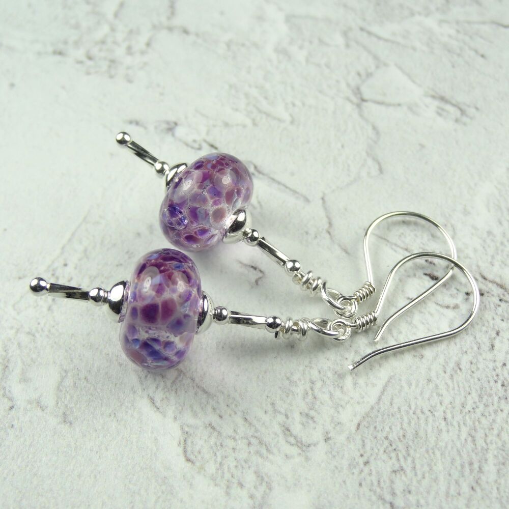 Purple speckled handcrafted glass & sterling silver earrings