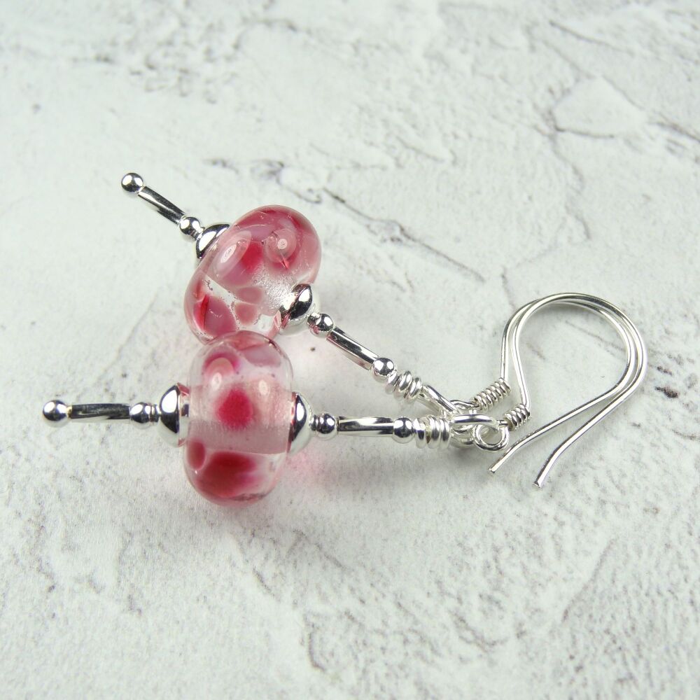 Pink speckled handcrafted artisan lampwork glass & sterling silver drop earrings (PF#8)