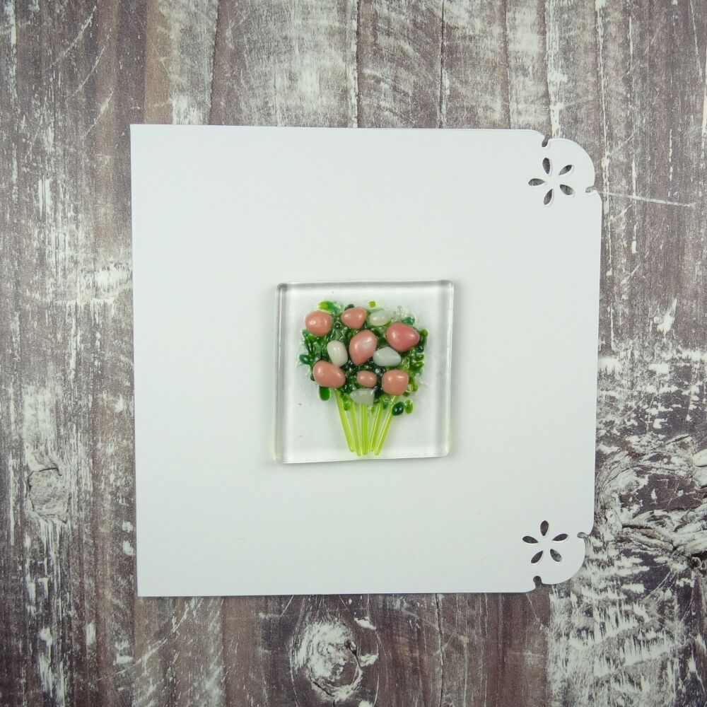 Handmade fused glass art greeting card, any occasion ~ salmon pink & white flowers, floral, bouquet ~ 4x4 inch card, 1.5 inch (+/-) glass (#458)