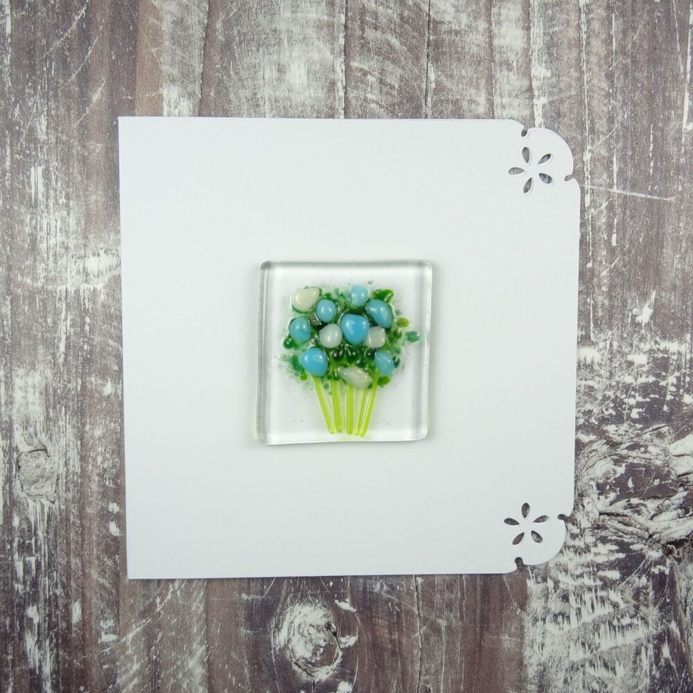Handmade fused glass art greeting card, any occasion ~ blue & white flowers, floral, bouquet ~ 4x4 inch card, 1.5 inch (+/-) glass (#457)