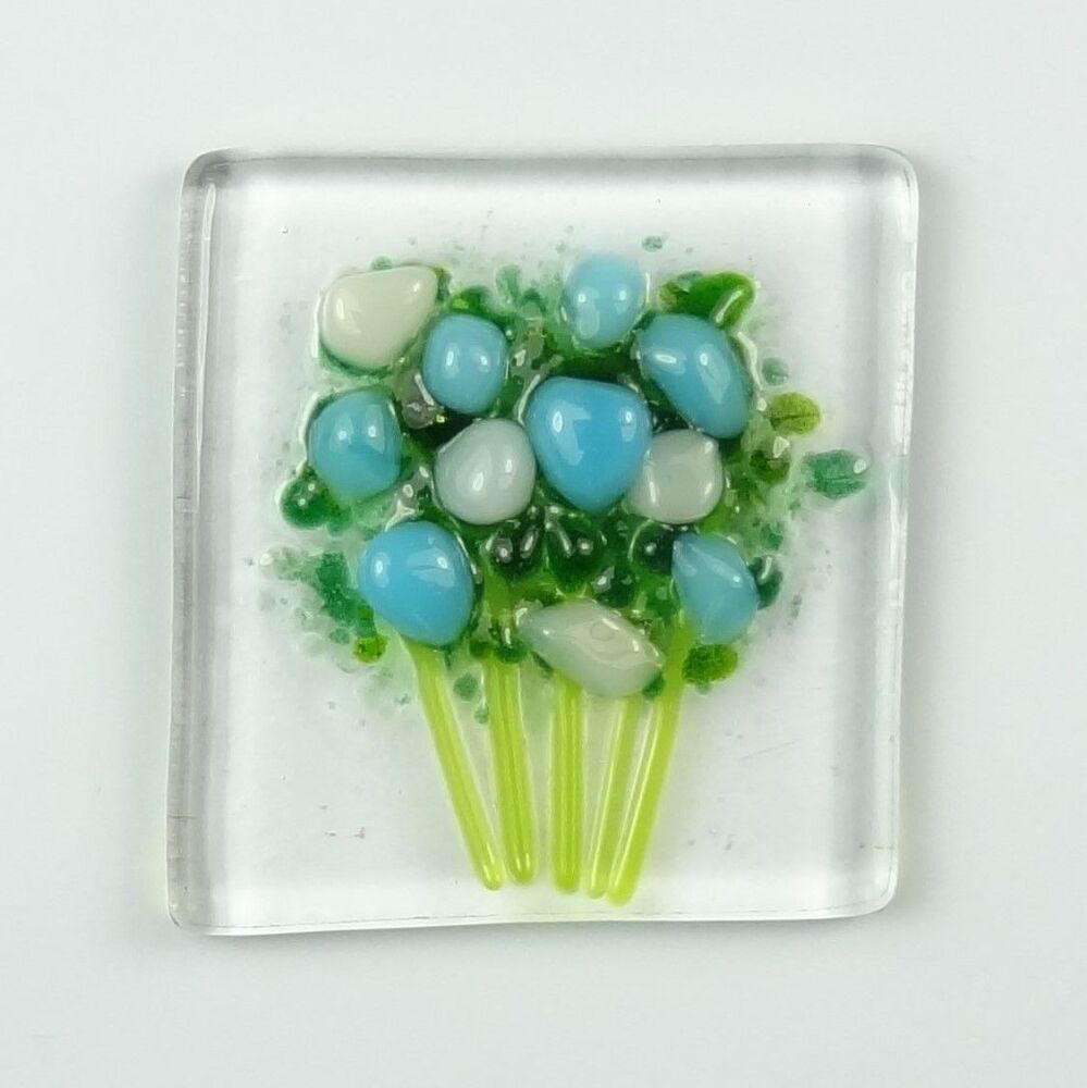 Handmade fused glass art greeting card, any occasion ~ blue & white flowers, floral, bouquet ~ 4x4 inch card, 1.5 inch (+/-) glass (#457)