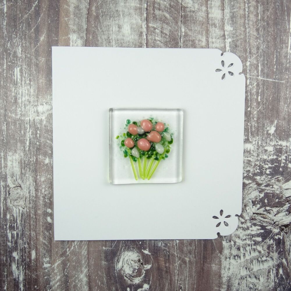 Handmade fused glass art greeting card, any occasion ~ salmon pink & white flowers, floral, bouquet ~ 4x4 inch card, 1.5 inch (+/-) glass (#456)