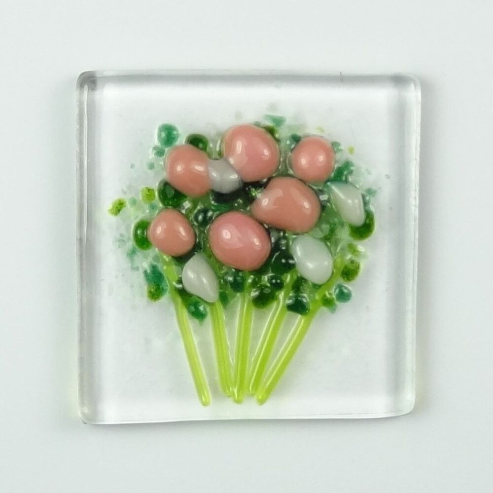 Handmade fused glass art greeting card, any occasion ~ salmon pink & white flowers, floral, bouquet ~ 4x4 inch card, 1.5 inch (+/-) glass (#456)