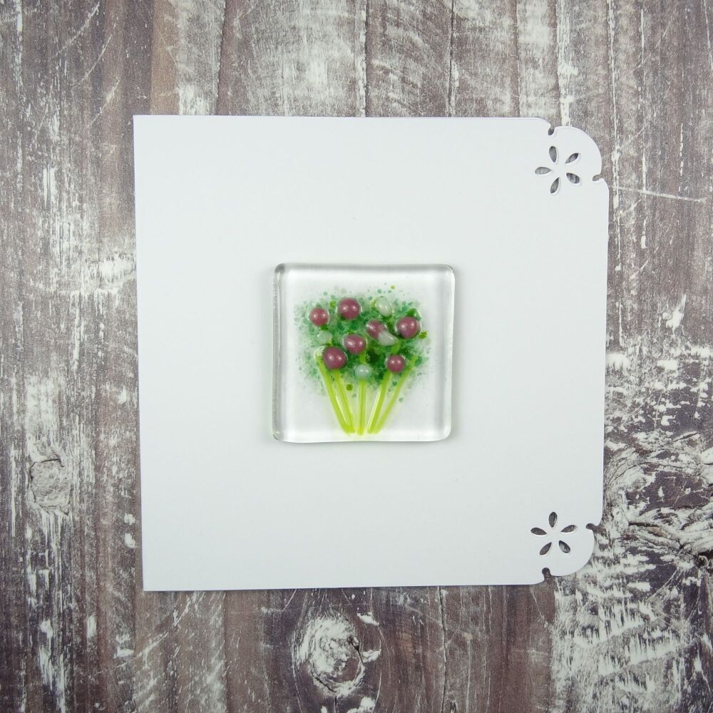 Handmade fused glass art greeting card, any occasion ~ dusky pink & white flowers, floral, bouquet ~ 4x4 inch card, 1.5 inch (+/-) glass (#437)