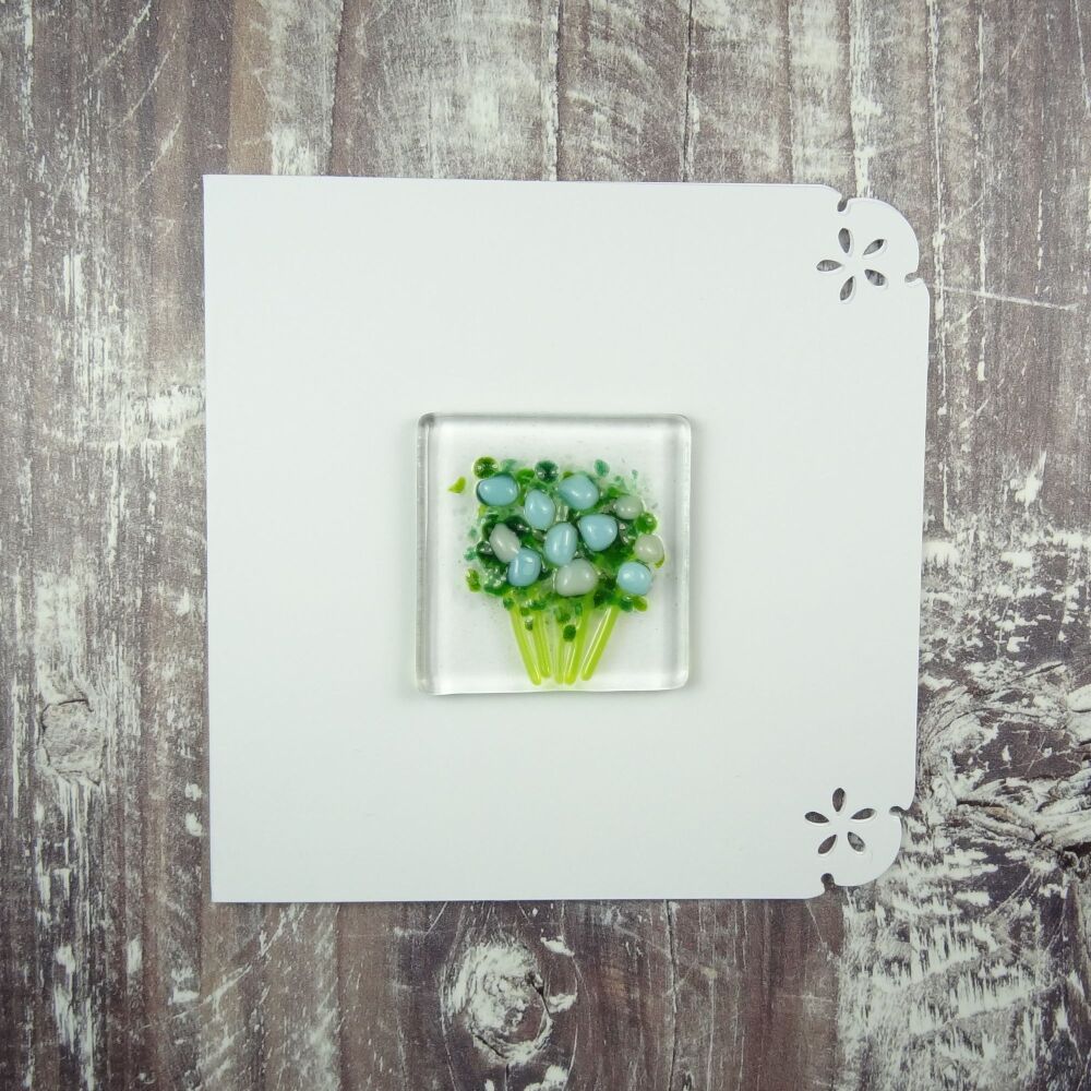 Handmade fused glass art greeting card, any occasion ~ pale blue & white flowers, floral, bouquet ~ 4x4 inch card, 1.5 inch (+/-) glass (#451)