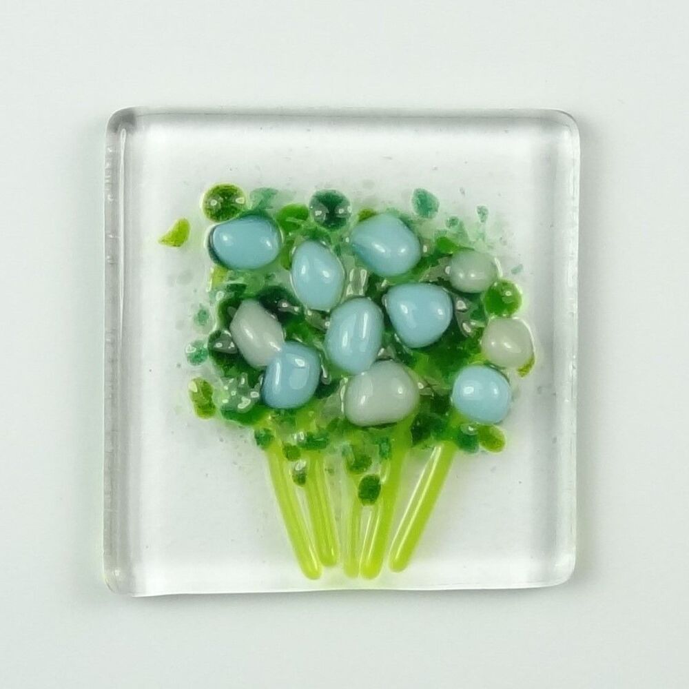 Handmade fused glass art greeting card, any occasion ~ pale blue & white flowers, floral, bouquet ~ 4x4 inch card, 1.5 inch (+/-) glass (#451)