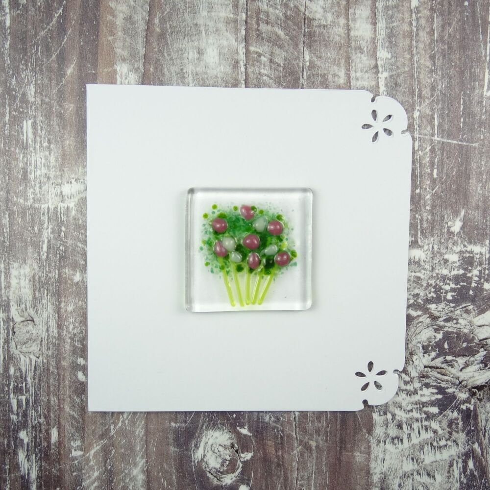 Handmade fused glass art greeting card, any occasion ~ dusky pink & white flowers, floral, bouquet ~ 4x4 inch card, 1.5 inch (+/-) glass (#436)