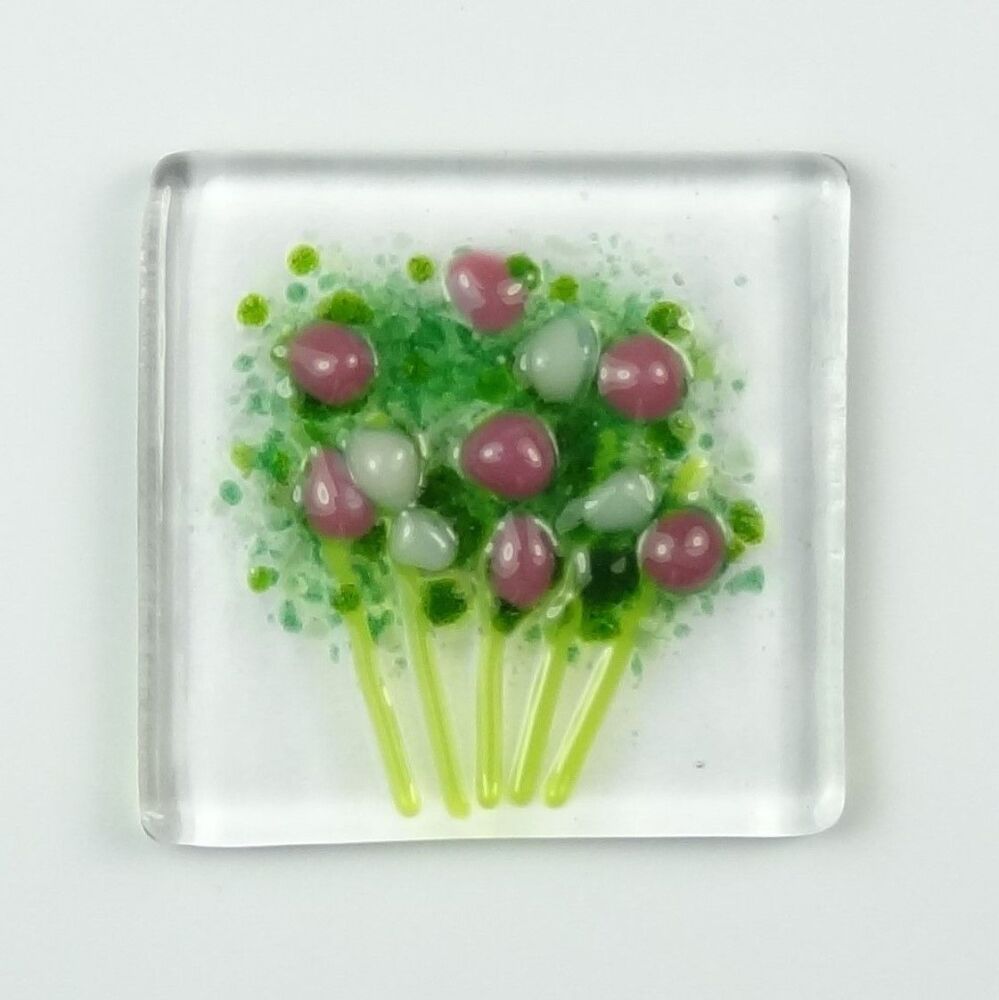 Handmade fused glass art greeting card, any occasion ~ dusky pink & white flowers, floral, bouquet ~ 4x4 inch card, 1.5 inch (+/-) glass (#436)