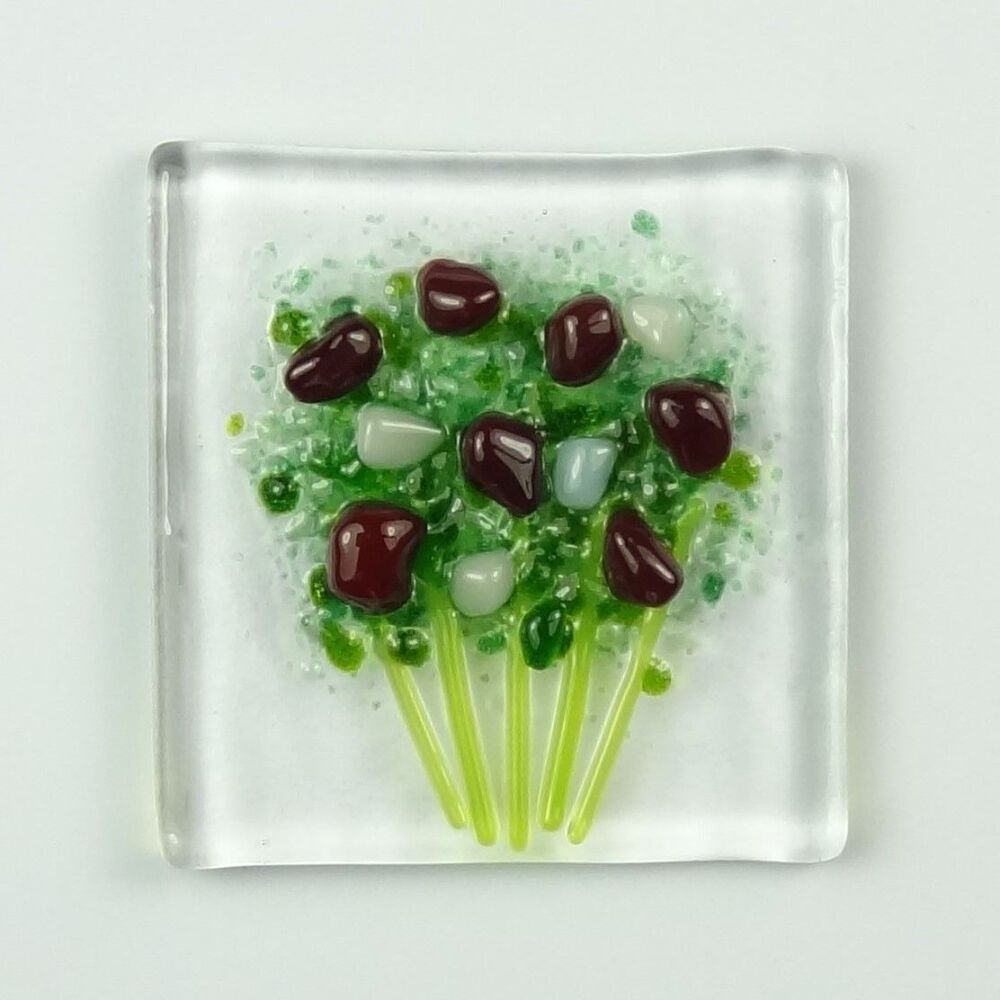 Handmade fused glass art greeting card, any occasion ~ dark red & white flowers, floral, bouquet ~ 4x4 inch card, 1.5 inch (+/-) glass (#434)
