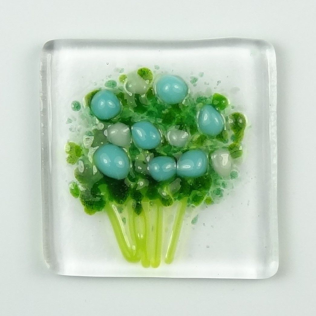 Handmade fused glass art greeting card, any occasion ~ blue & white flowers, floral, bouquet ~ 4x4 inch card, 1.5 inch (+/-) glass (#448)