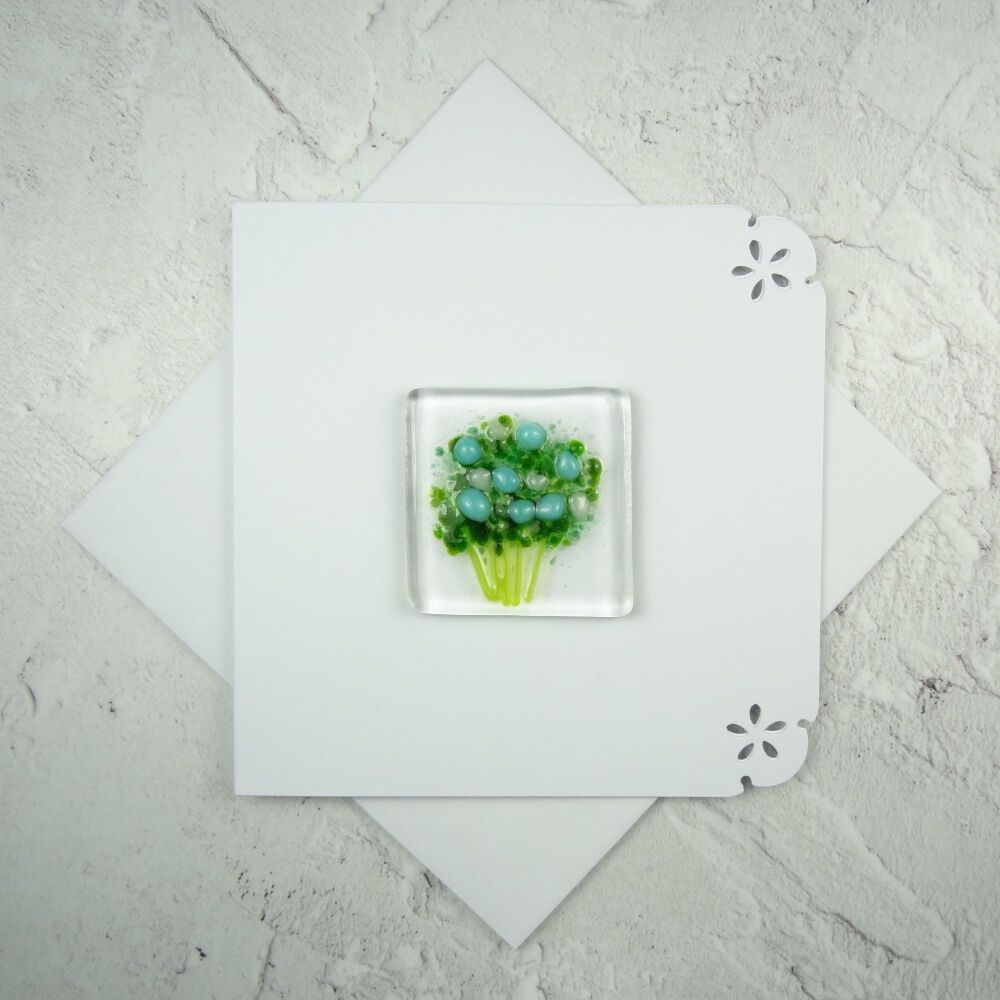 Handmade fused glass art greeting card, any occasion ~ blue & white flowers, floral, bouquet ~ 4x4 inch card, 1.5 inch (+/-) glass (#448)