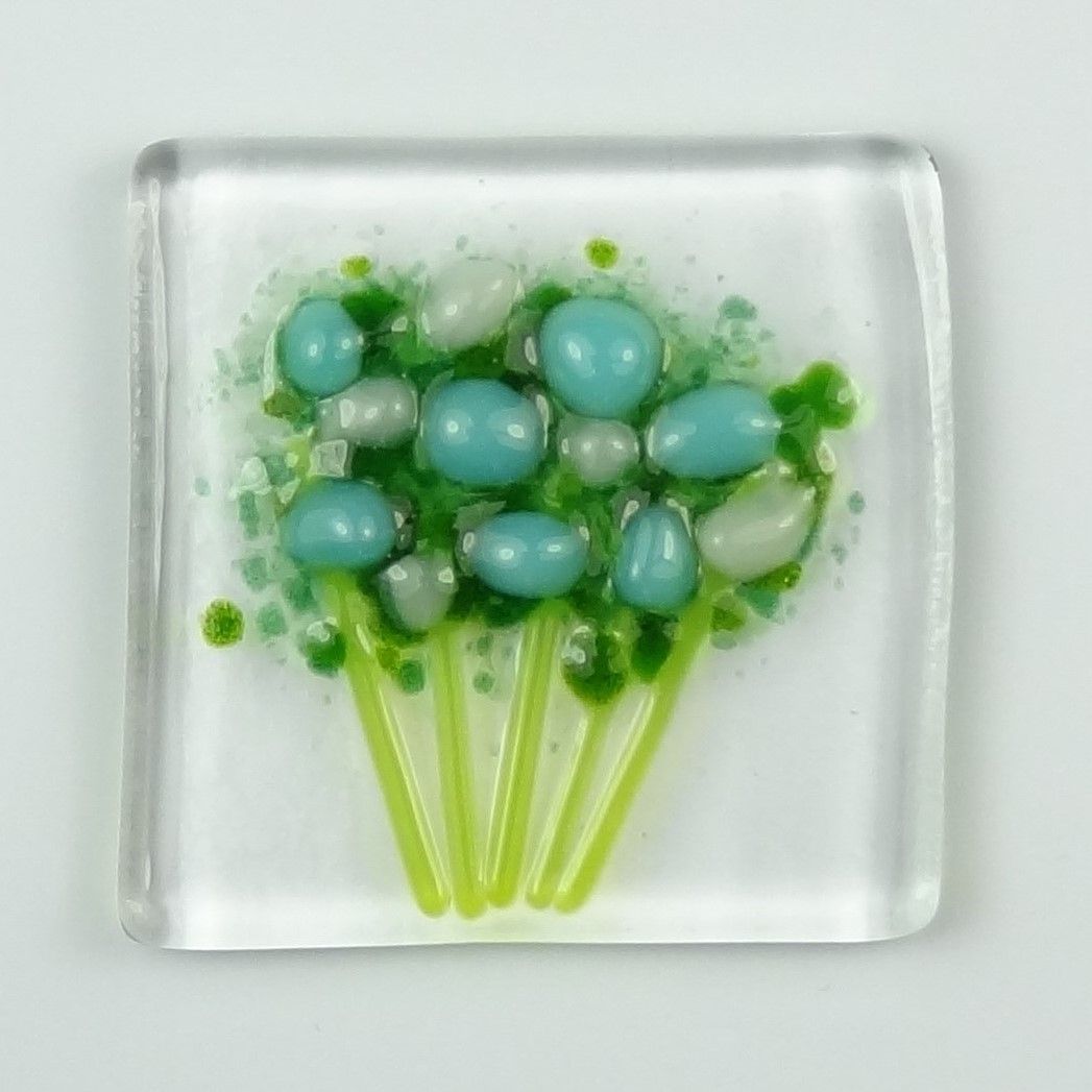 Handmade fused glass art greeting card, any occasion ~ blue & white flowers, floral, bouquet ~ 4x4 inch card, 1.5 inch (+/-) glass (#445)