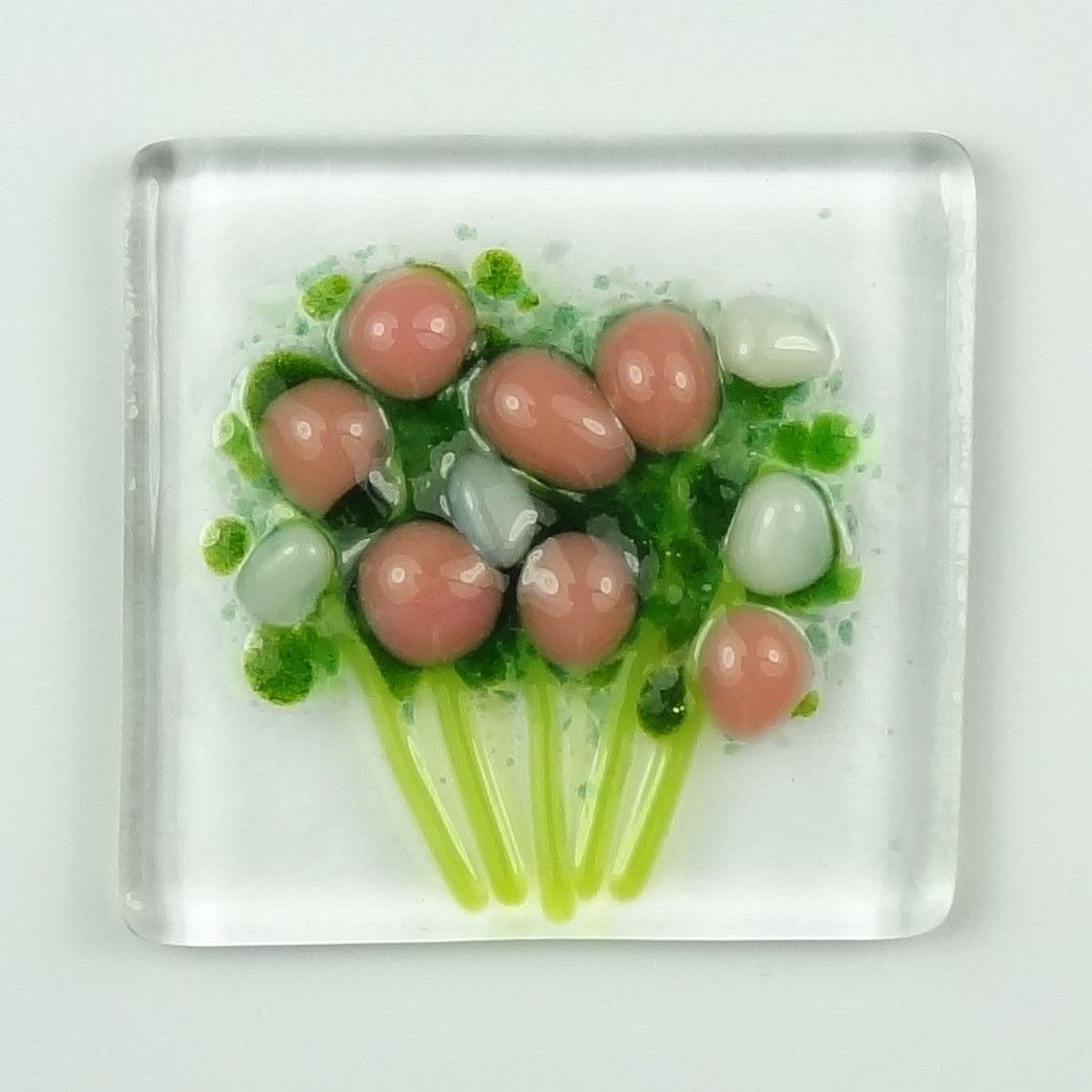 Handmade fused glass art greeting card, any occasion ~ salmon pink & white flowers, floral, bouquet ~ 4x4 inch card, 1.5 inch (+/-) glass (#431)