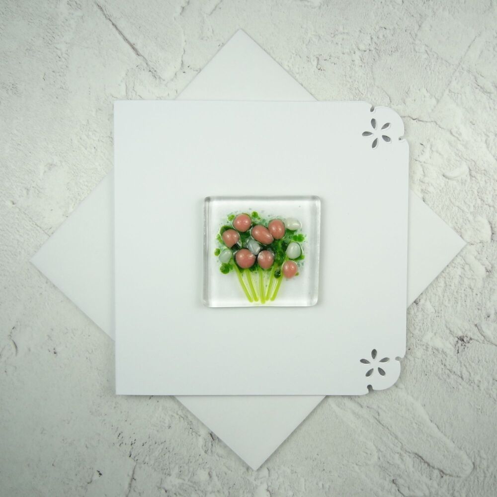 Handmade fused glass art greeting card, any occasion ~ salmon pink & white flowers, floral, bouquet ~ 4x4 inch card, 1.5 inch (+/-) glass (#431)