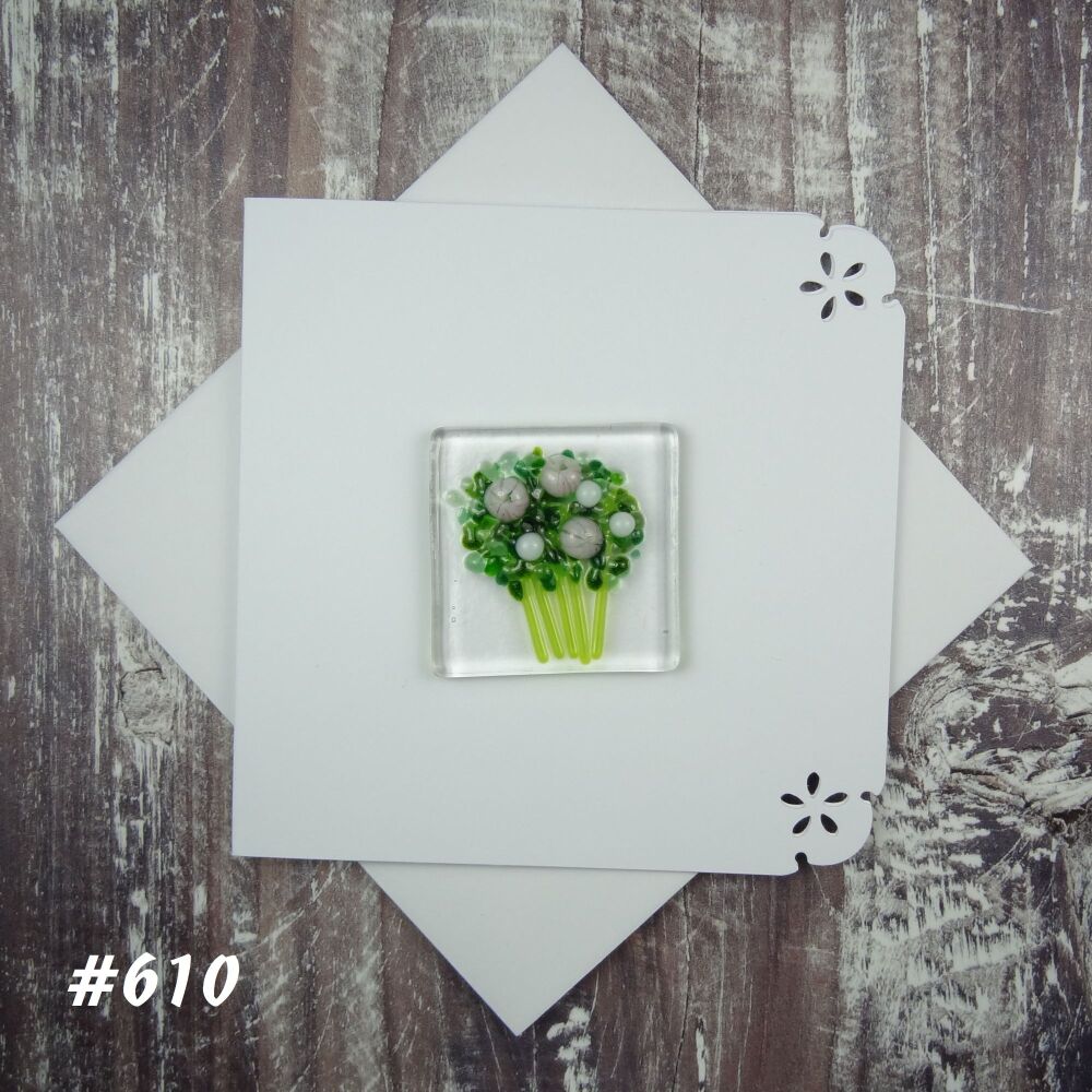 Handmade fused glass art greeting card, any occasion ~ pink & white flowers, floral, bouquet ~ 4x4 inch card, 1.5 inch (+/-) glass (#610)