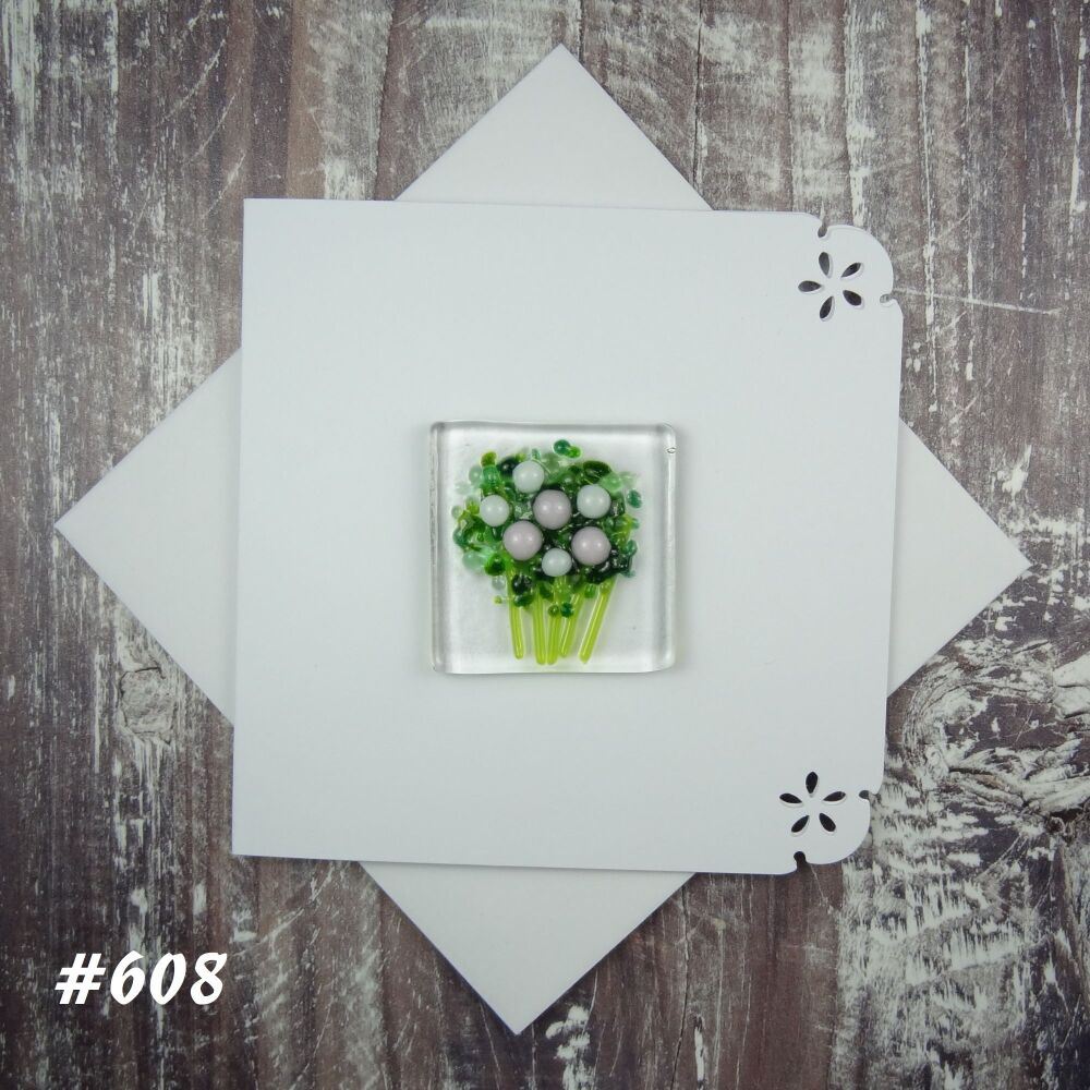 Handmade fused glass art greeting card, any occasion ~ pink & white flowers, floral, bouquet ~ 4x4 inch card, 1.5 inch (+/-) glass (#608)