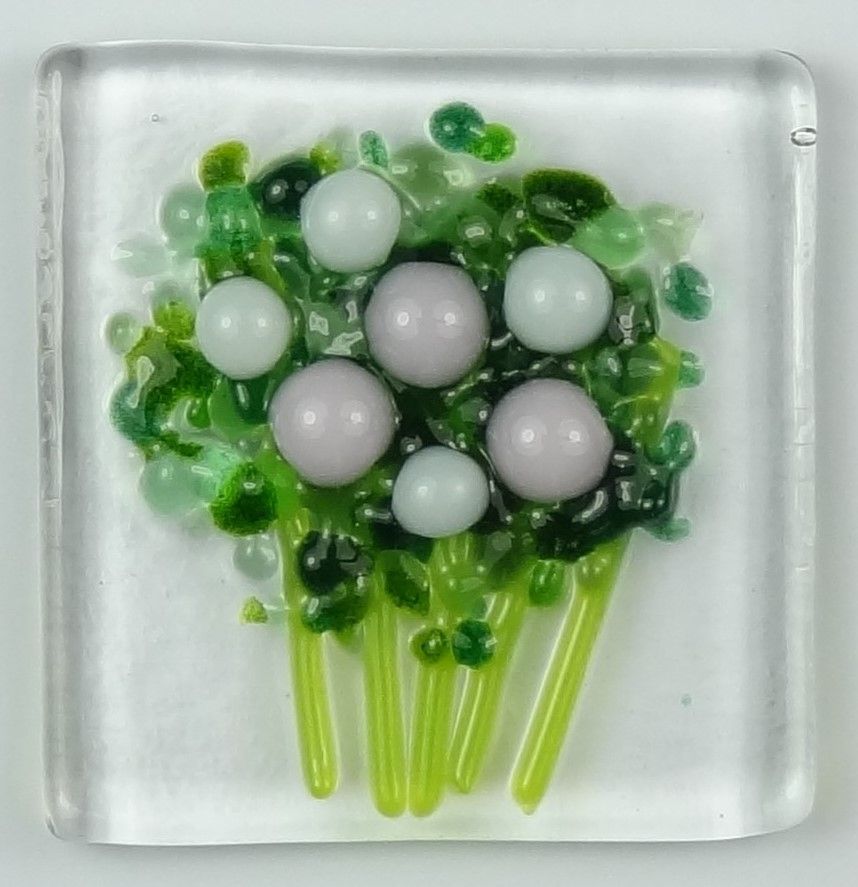 Handmade fused glass art greeting card, any occasion ~ pink & white flowers, floral, bouquet ~ 4x4 inch card, 1.5 inch (+/-) glass (#608)