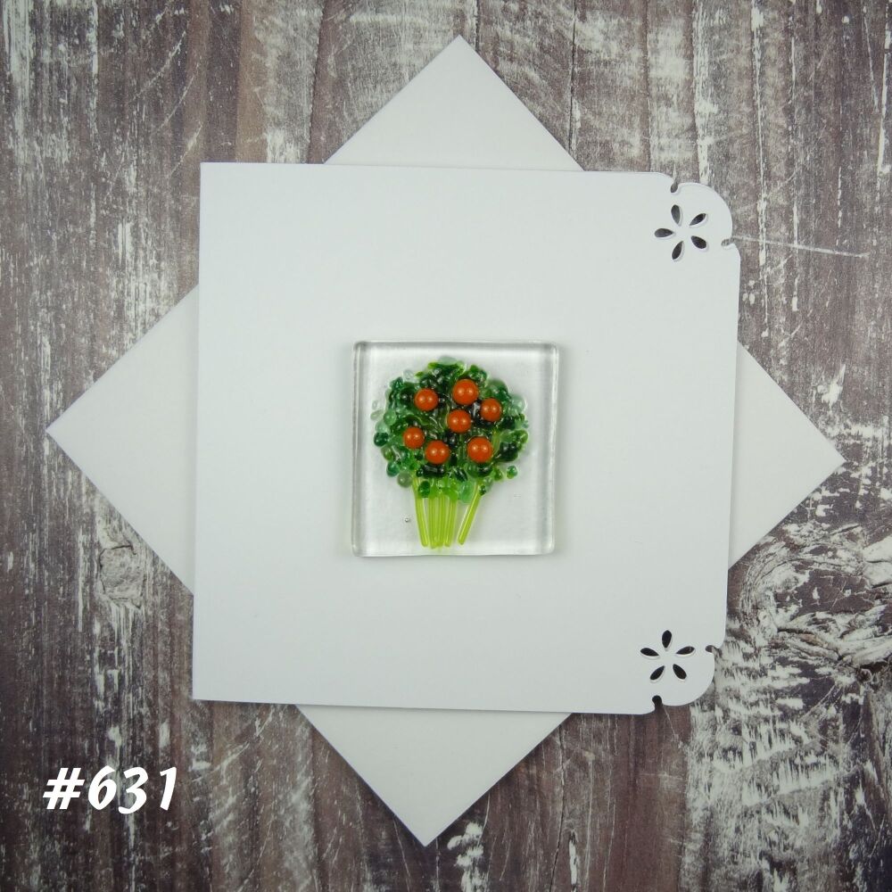 Handmade fused glass art greeting card, any occasion ~ orange flowers, floral, bouquet ~ 4x4 inch card, 1.5 inch (+/-) glass (#631)