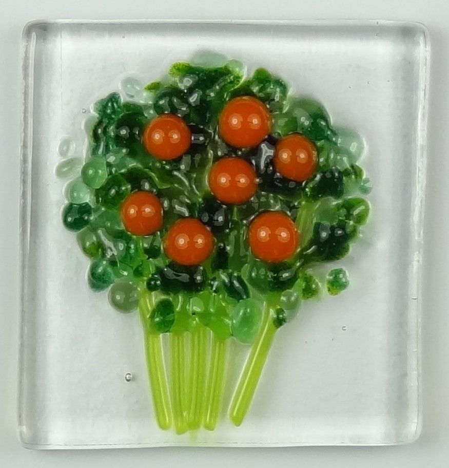 Handmade fused glass art greeting card, any occasion ~ orange flowers, floral, bouquet ~ 4x4 inch card, 1.5 inch (+/-) glass (#631)
