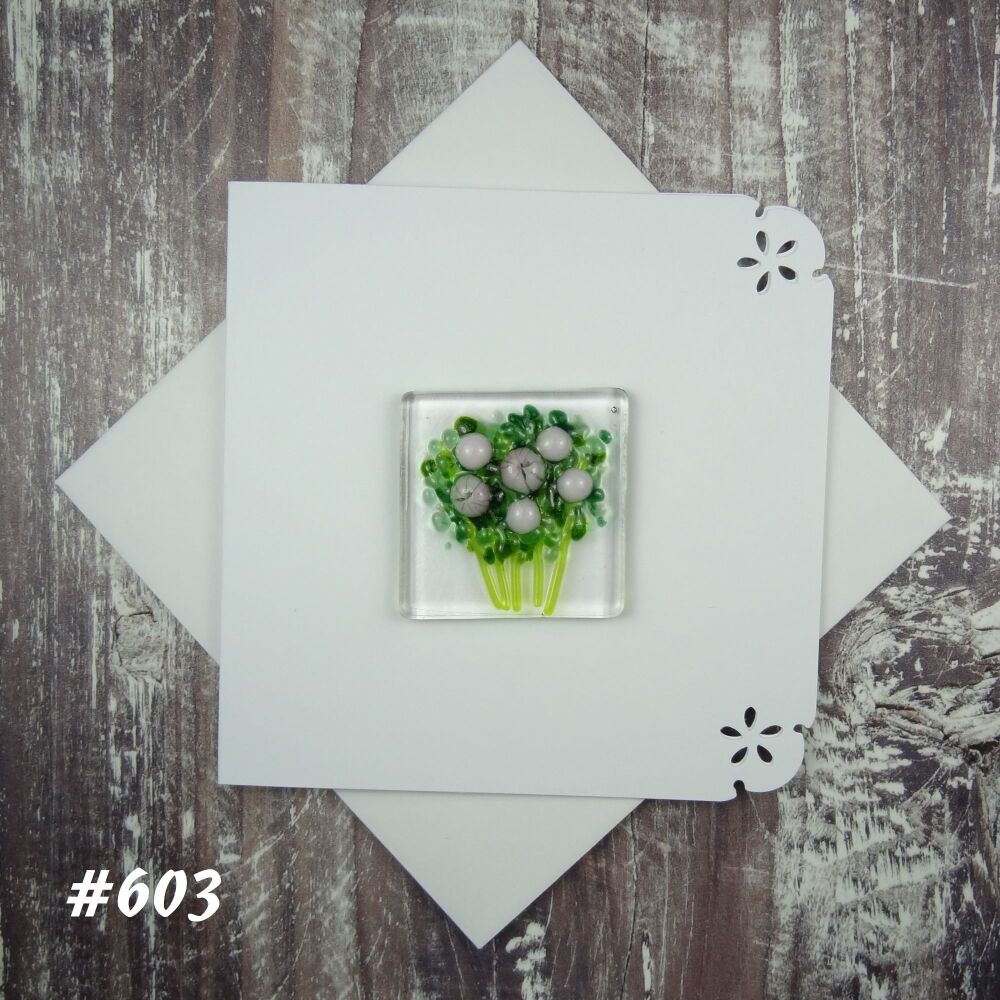 Handcrafted fused glass art blank greeting card with envelope ~ pink flowers ~ small 1.5 inch (+/-) glass (#603)