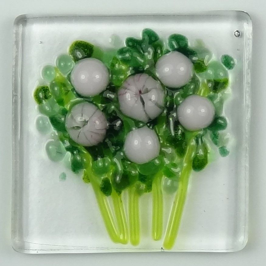 Handcrafted fused glass art blank greeting card with envelope ~ pink flowers ~ small 1.5 inch (+/-) glass (#603)