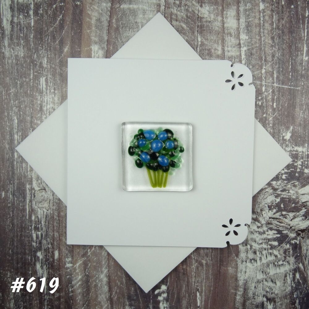 Handmade fused glass art greeting card, any occasion ~ blue flowers, floral, bouquet ~ 4x4 inch card, 1.5 inch (+/-) glass (#619)