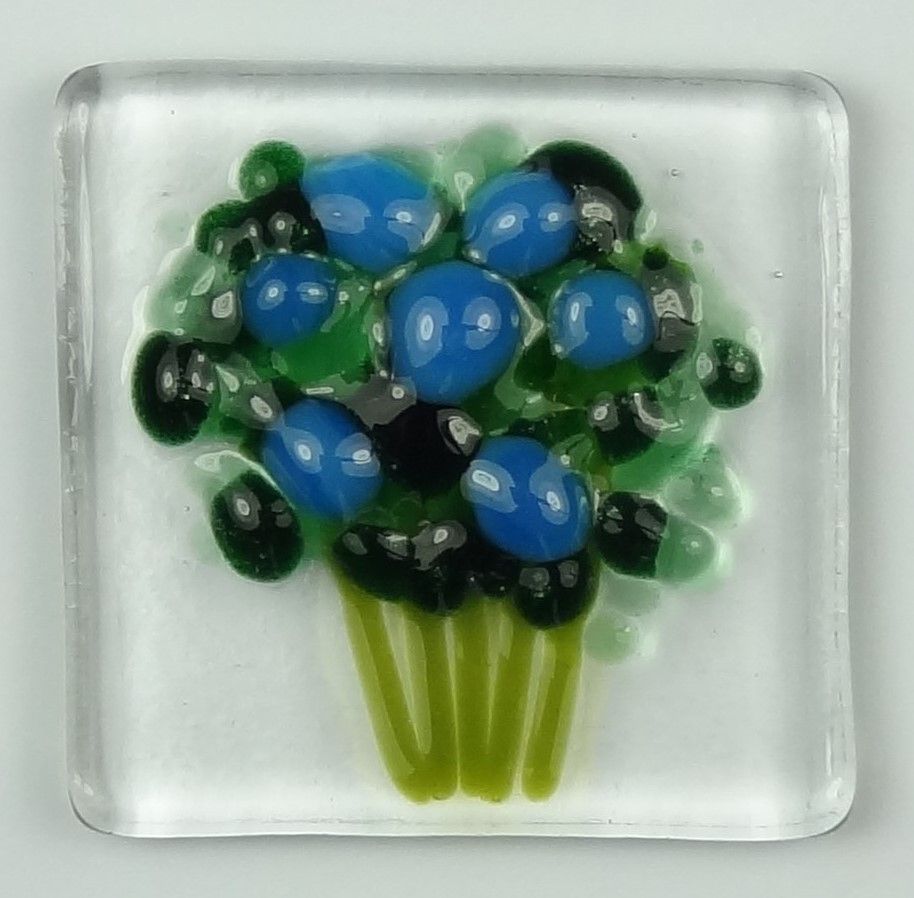Handmade fused glass art greeting card, any occasion ~ blue flowers, floral, bouquet ~ 4x4 inch card, 1.5 inch (+/-) glass (#619)